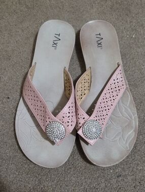 TAXI Pink Leather Rhinestone Thong Sandals for Women